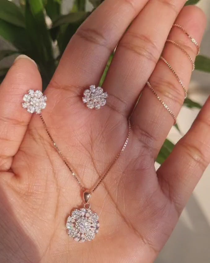 Rose Gold Plated Floral Pendant Necklace and Stud Earrings Set for Women