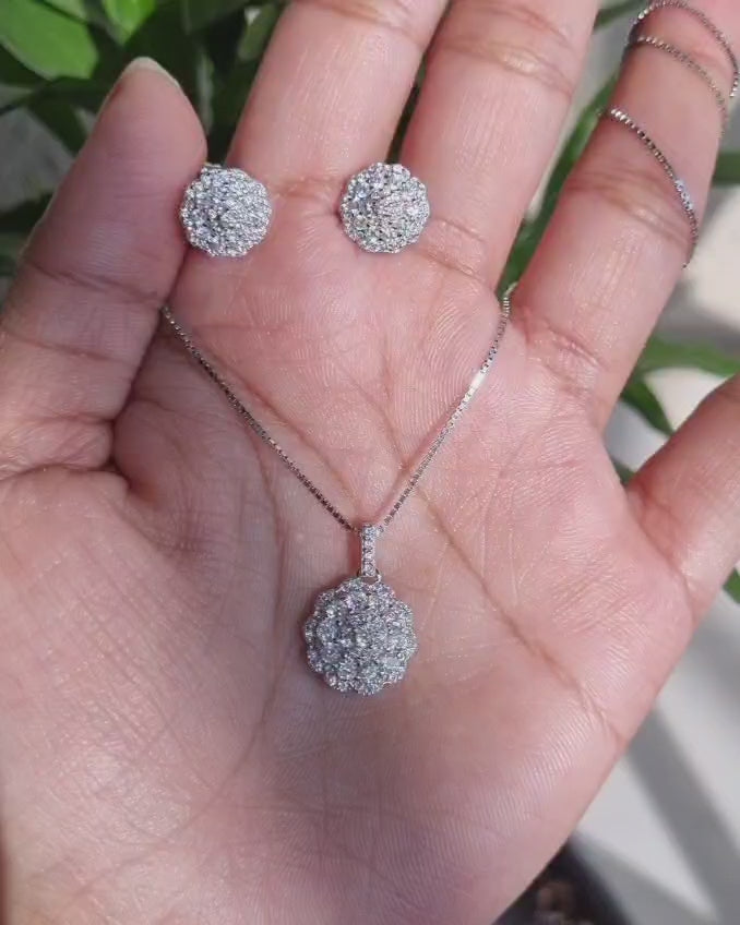 Sparkling Round Cluster Diamond Pendant Necklace & Stud Earrings Set in Sterling Silver
